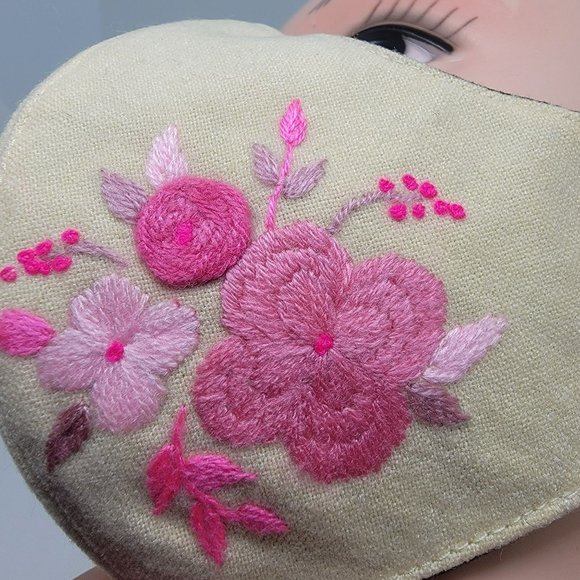 New Face cover ear loop Cream Mask Women's Embroidered handmade Pink flowers - Picture 4 of 6